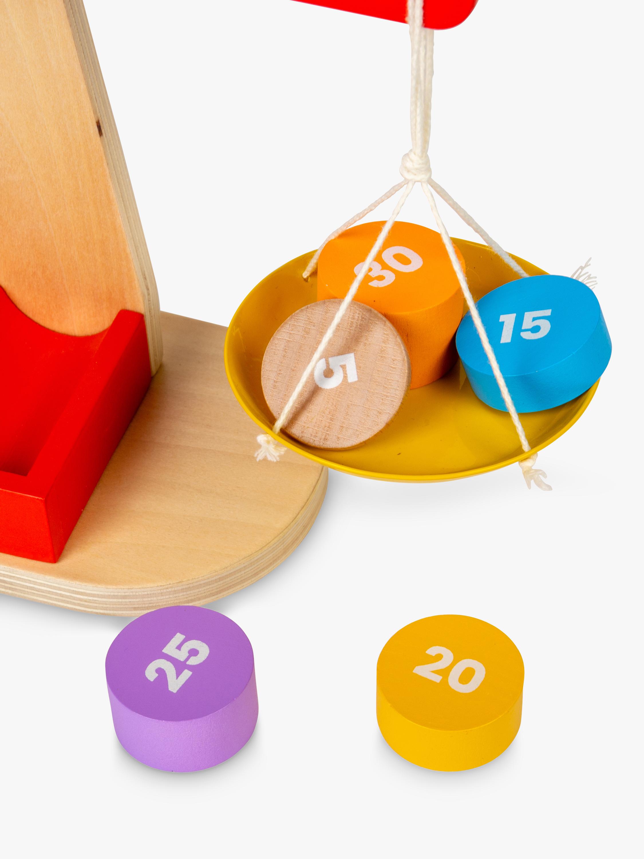 Bigjigs Toys wooden balancing scales with numbered disks - British product