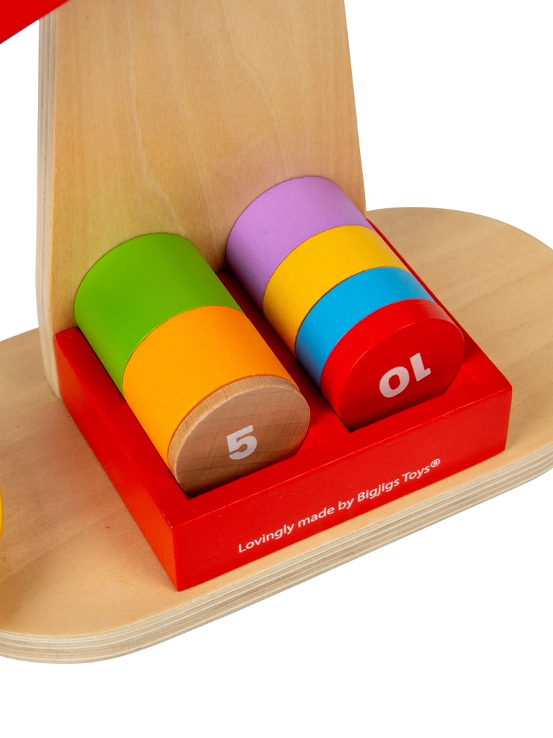 Bigjigs Toys wooden balancing scales with numbered disks - British product