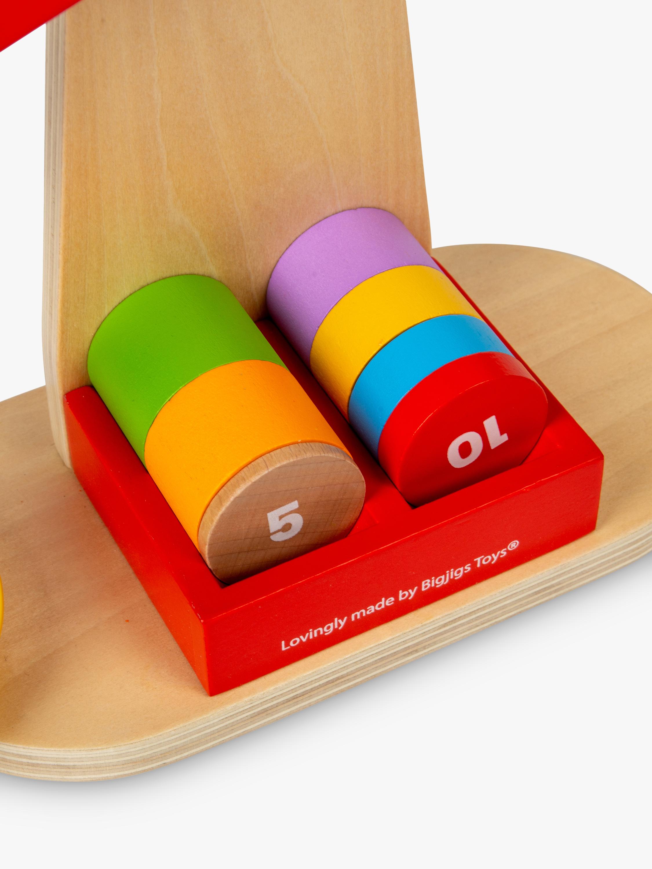 Bigjigs Toys wooden balancing scales with numbered disks - British product