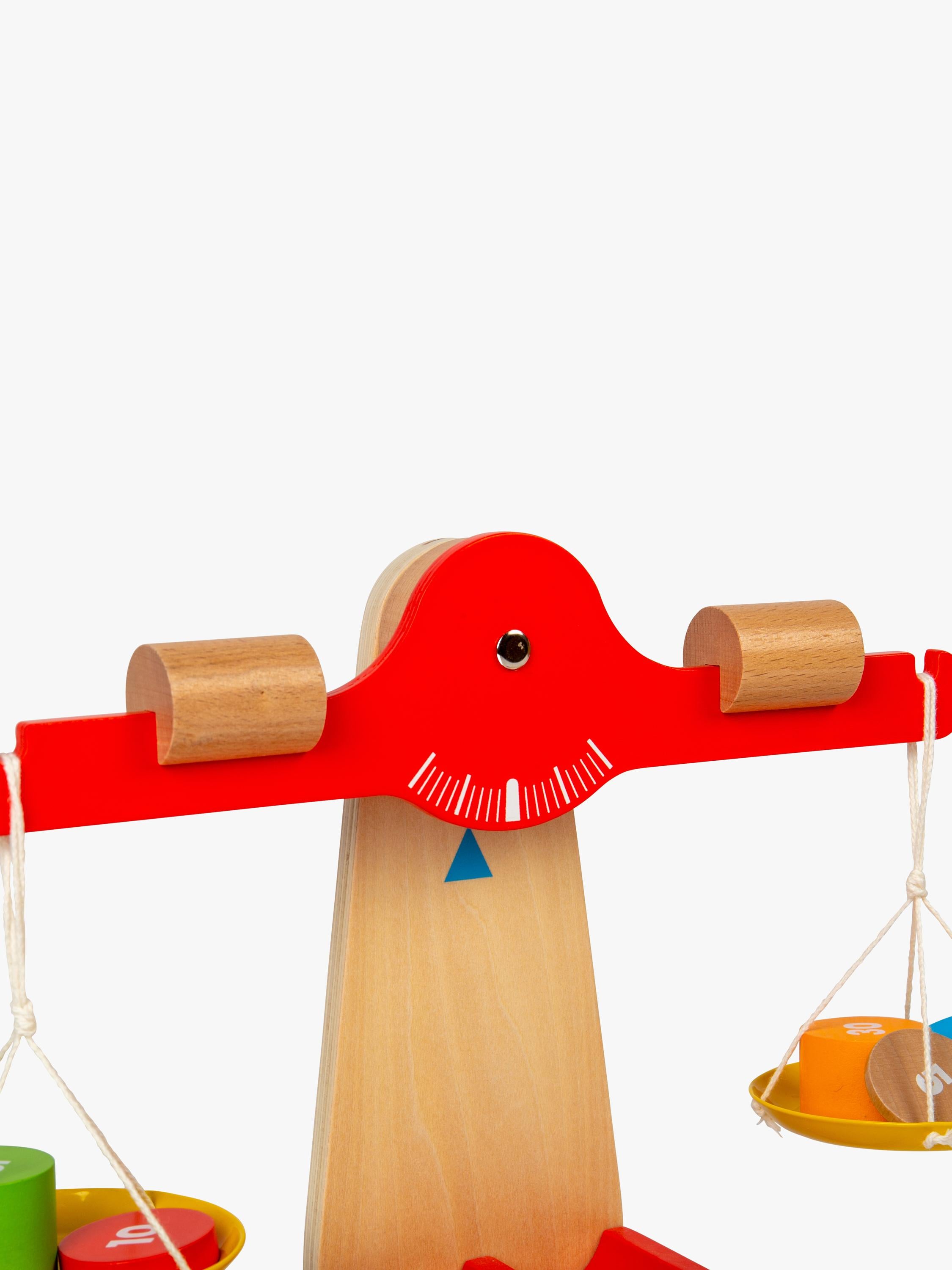 Bigjigs Toys wooden balancing scales with numbered disks - British product