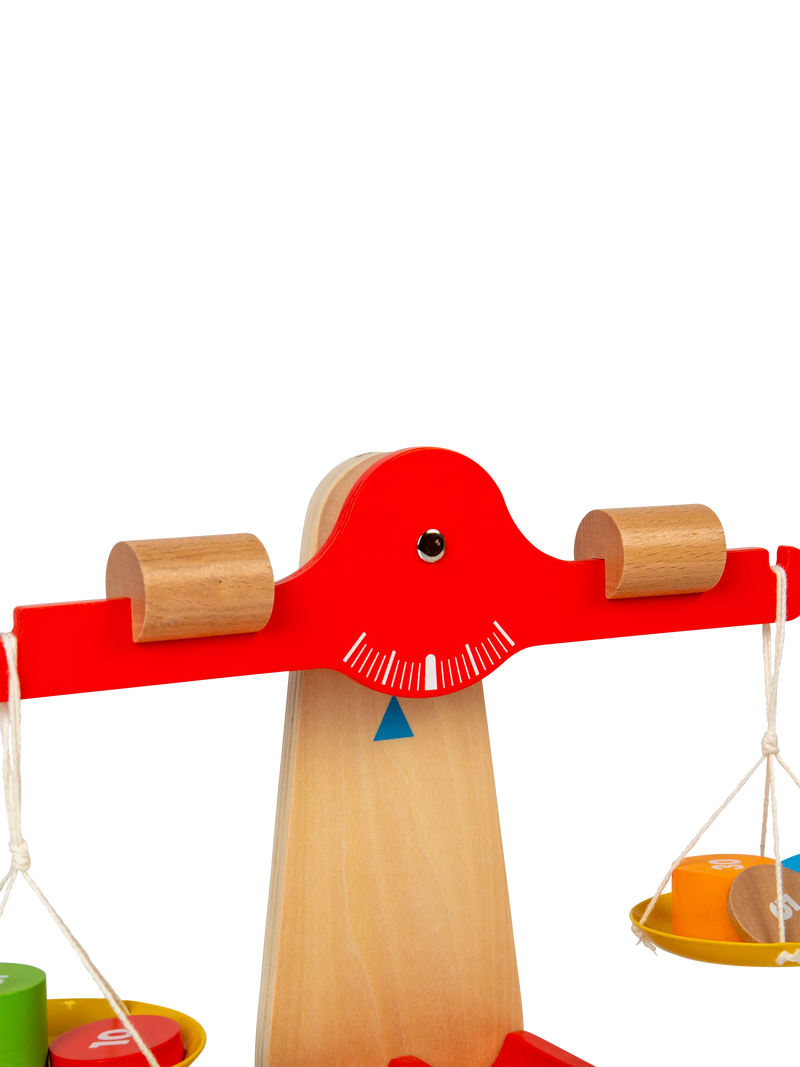 Bigjigs Toys wooden balancing scales with numbered disks - British product