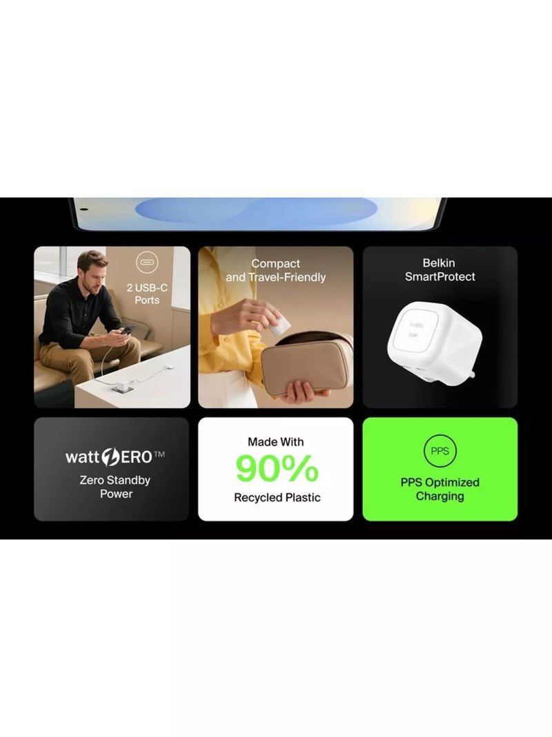 Belkin wall charger Dual USB-C 50W White - British product