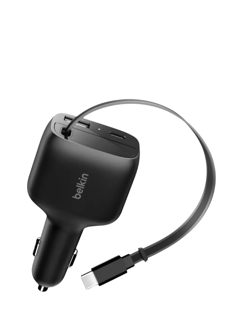 Belkin retractable car charger USB-C USB-A 75W black - British product