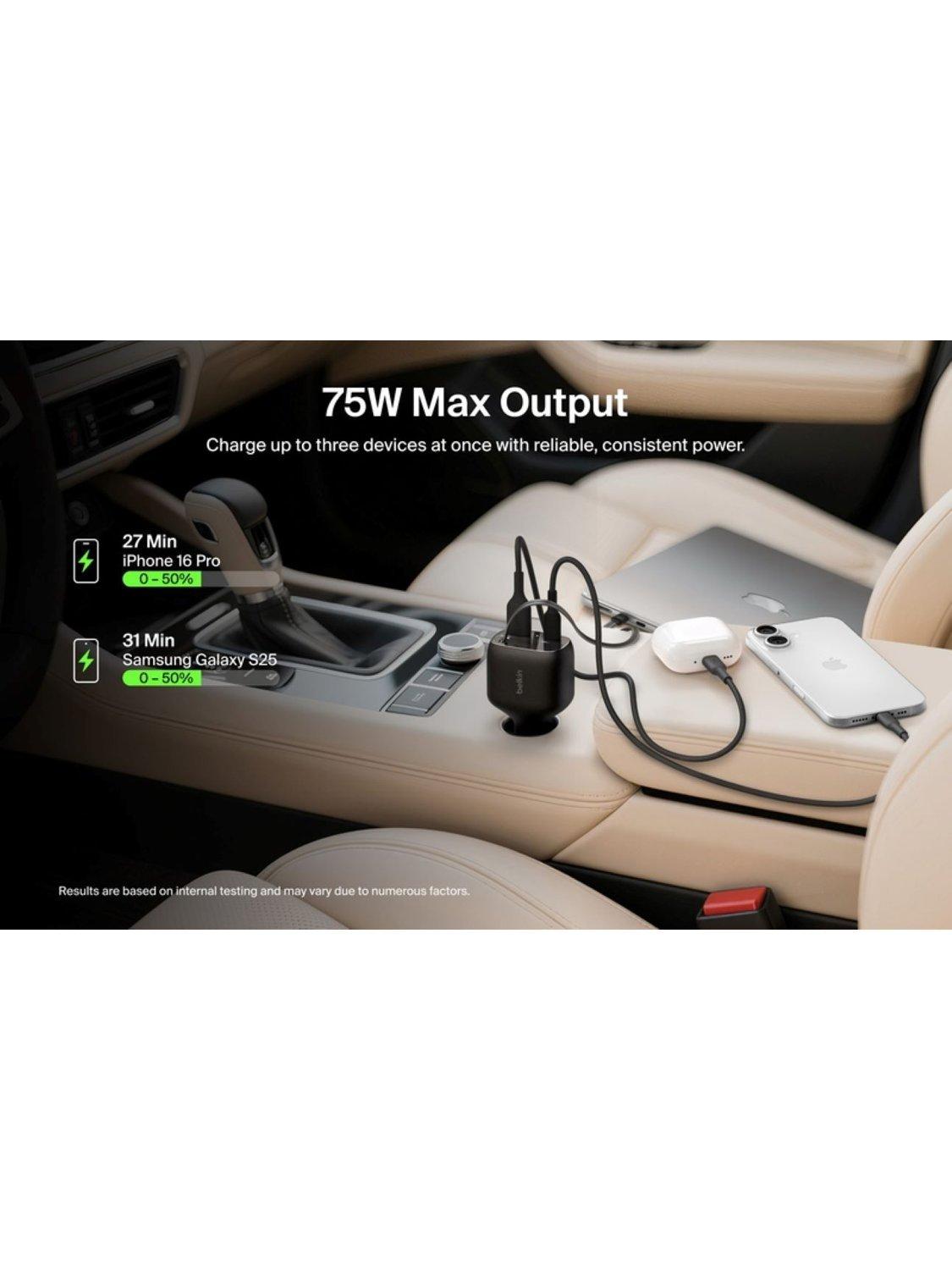 Belkin retractable car charger USB-C USB-A 75W black - British product