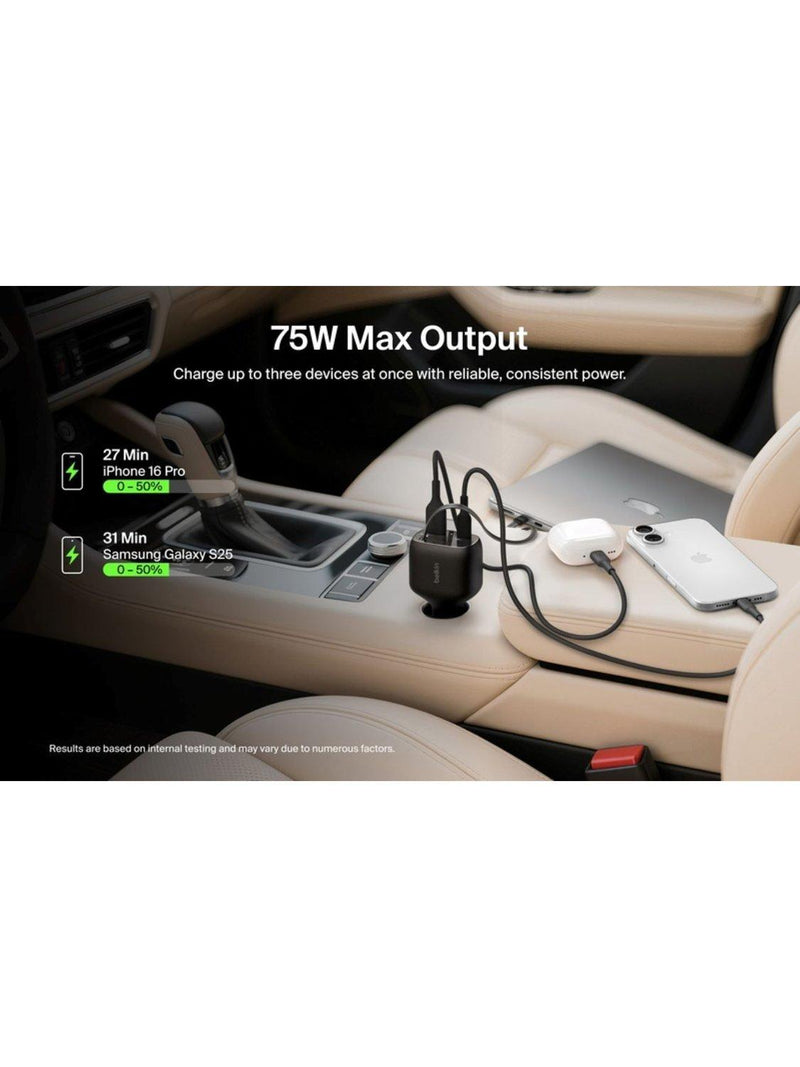 Belkin retractable car charger USB-C USB-A 75W black - British product