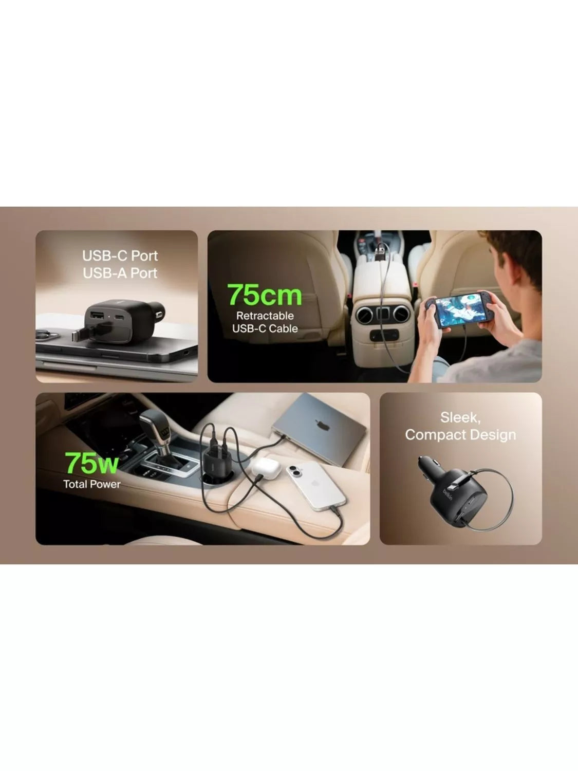 Belkin retractable car charger USB-C USB-A 75W black - British product