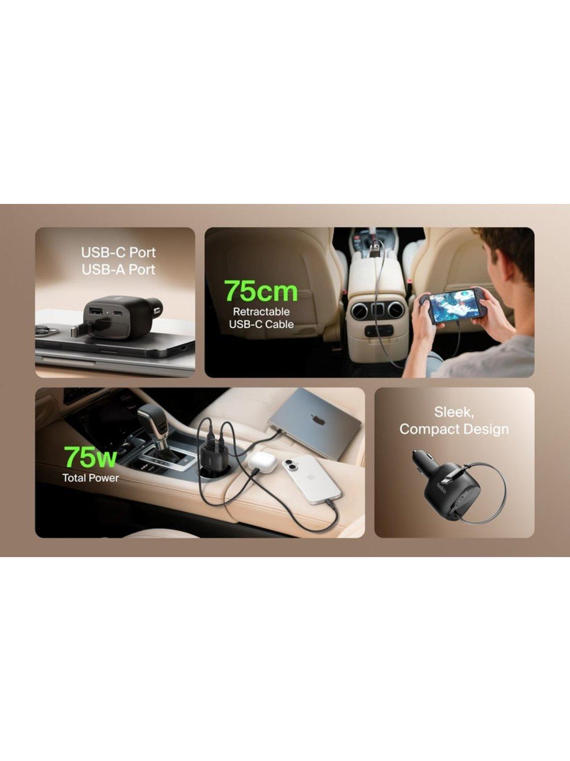Belkin retractable car charger USB-C USB-A 75W black - British product