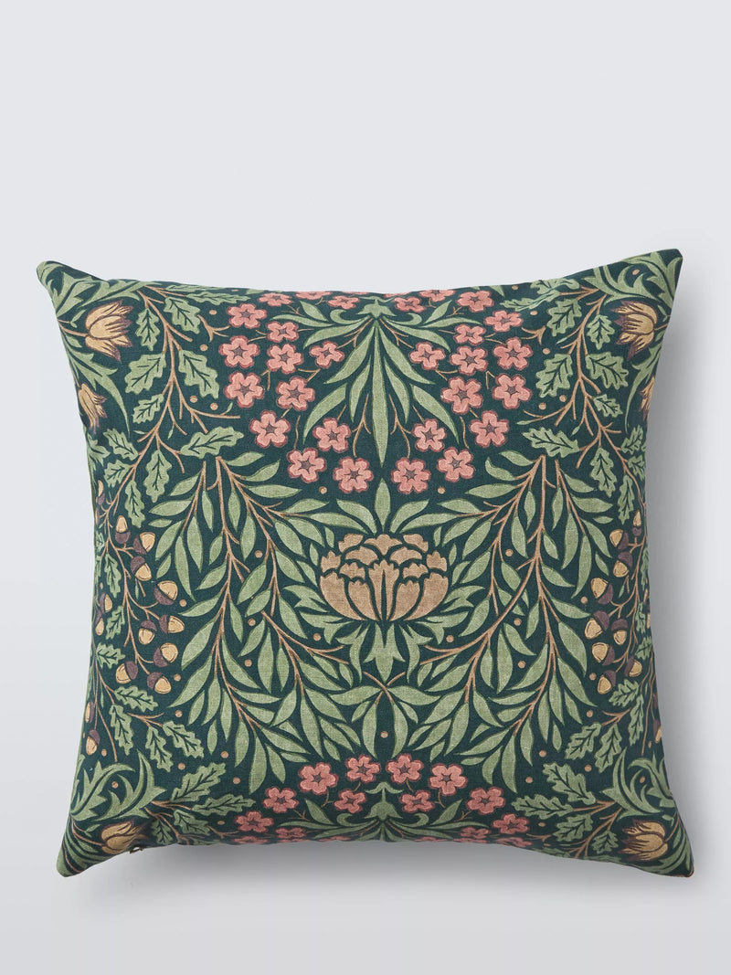 Morris & Co. floral cushion in forest green, imported from the UK