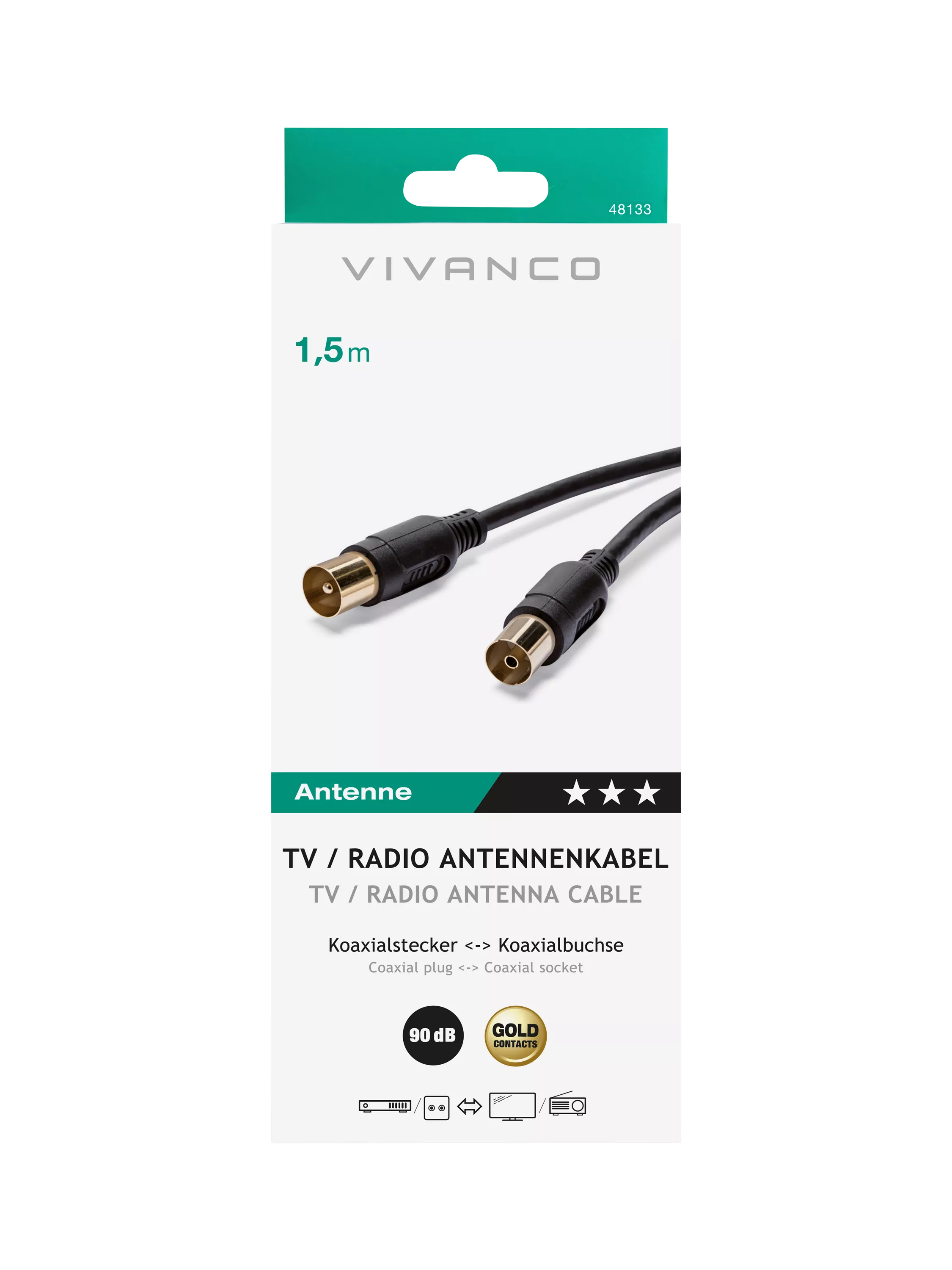 Vivanco coaxial aerial cable 90dB 1.5m black (British brand)