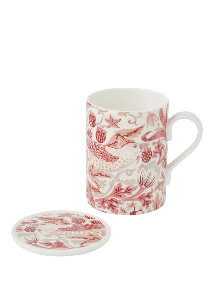 Morris & Co. Strawberry Thief bone china mug and coaster set 340ml (British brand)