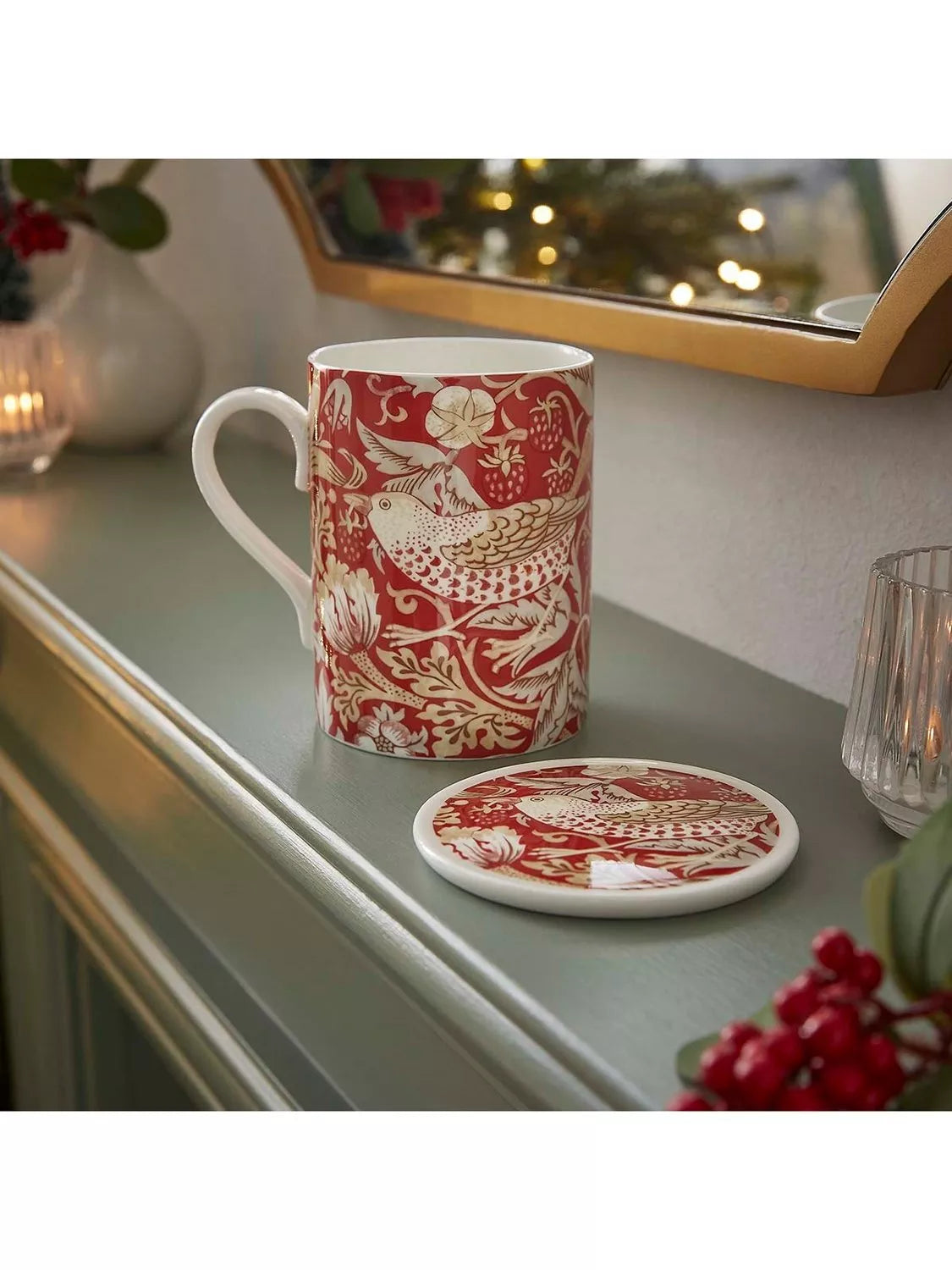 Morris & Co. Strawberry Thief bone china mug and coaster set 340ml (British brand)