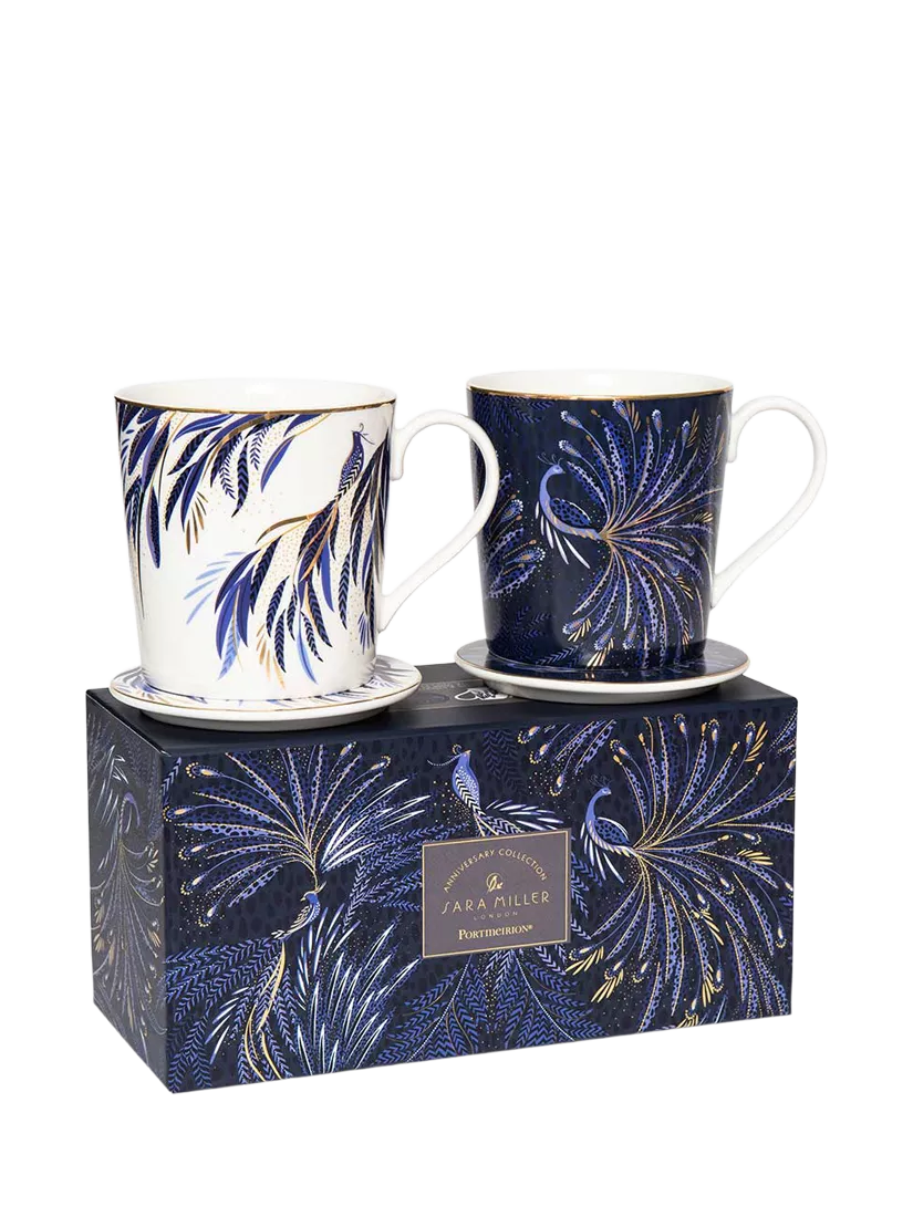 Sara Miller fine china mug and coaster set indigo white 344ml, imported from the UK