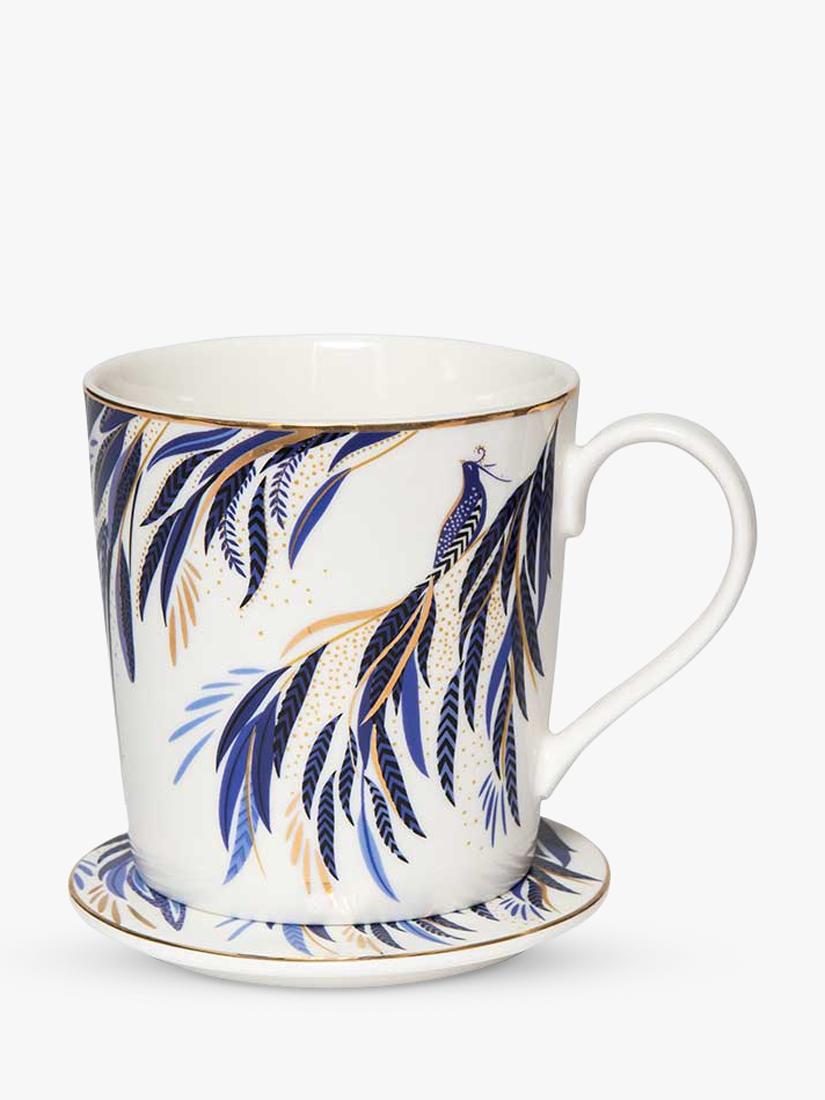 Sara Miller fine china mug and coaster set indigo white 344ml, imported from the UK