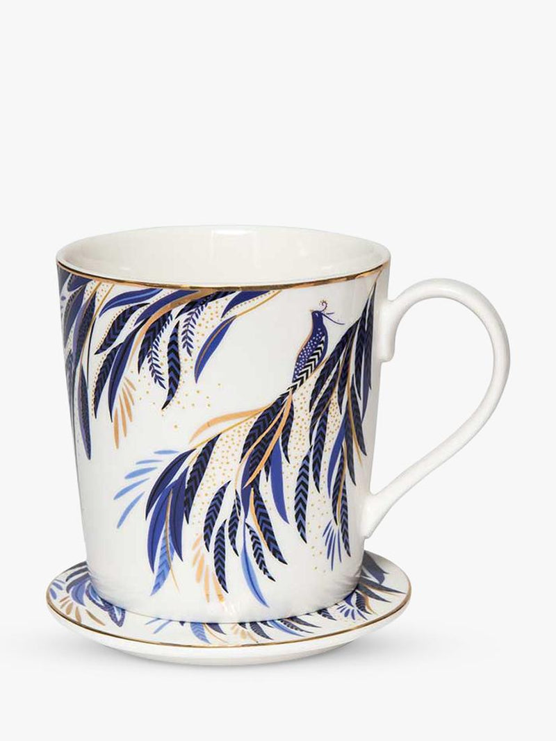 Sara Miller fine china mug and coaster set indigo white 344ml, imported from the UK