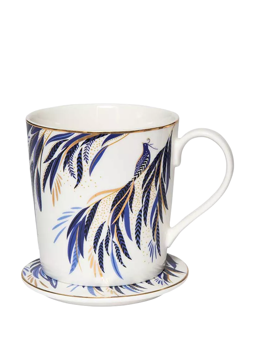 Sara Miller fine china mug and coaster set indigo white 344ml, imported from the UK