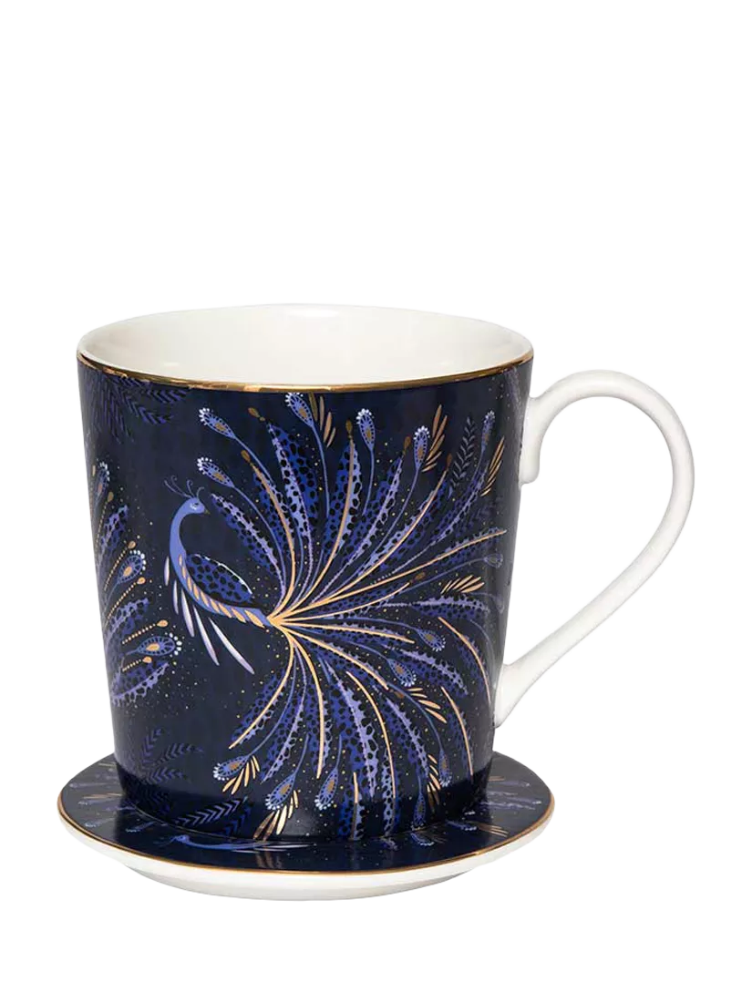 Sara Miller fine china mug and coaster set indigo white 344ml, imported from the UK