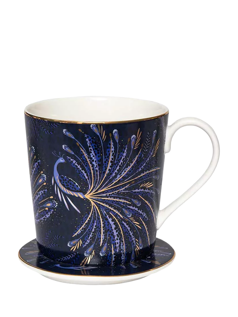 Sara Miller fine china mug and coaster set indigo white 344ml, imported from the UK