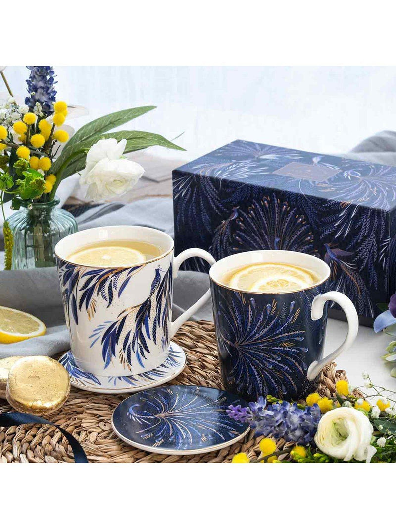 Sara Miller fine china mug and coaster set indigo white 344ml, imported from the UK
