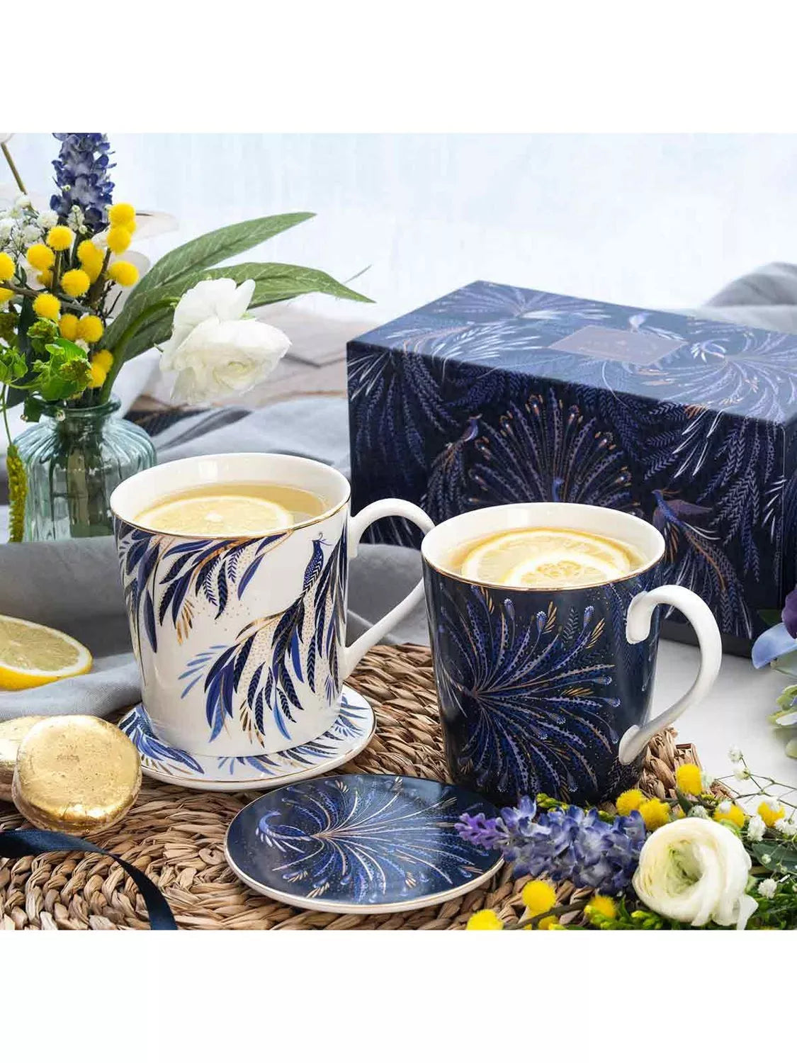 Sara Miller fine china mug and coaster set indigo white 344ml, imported from the UK