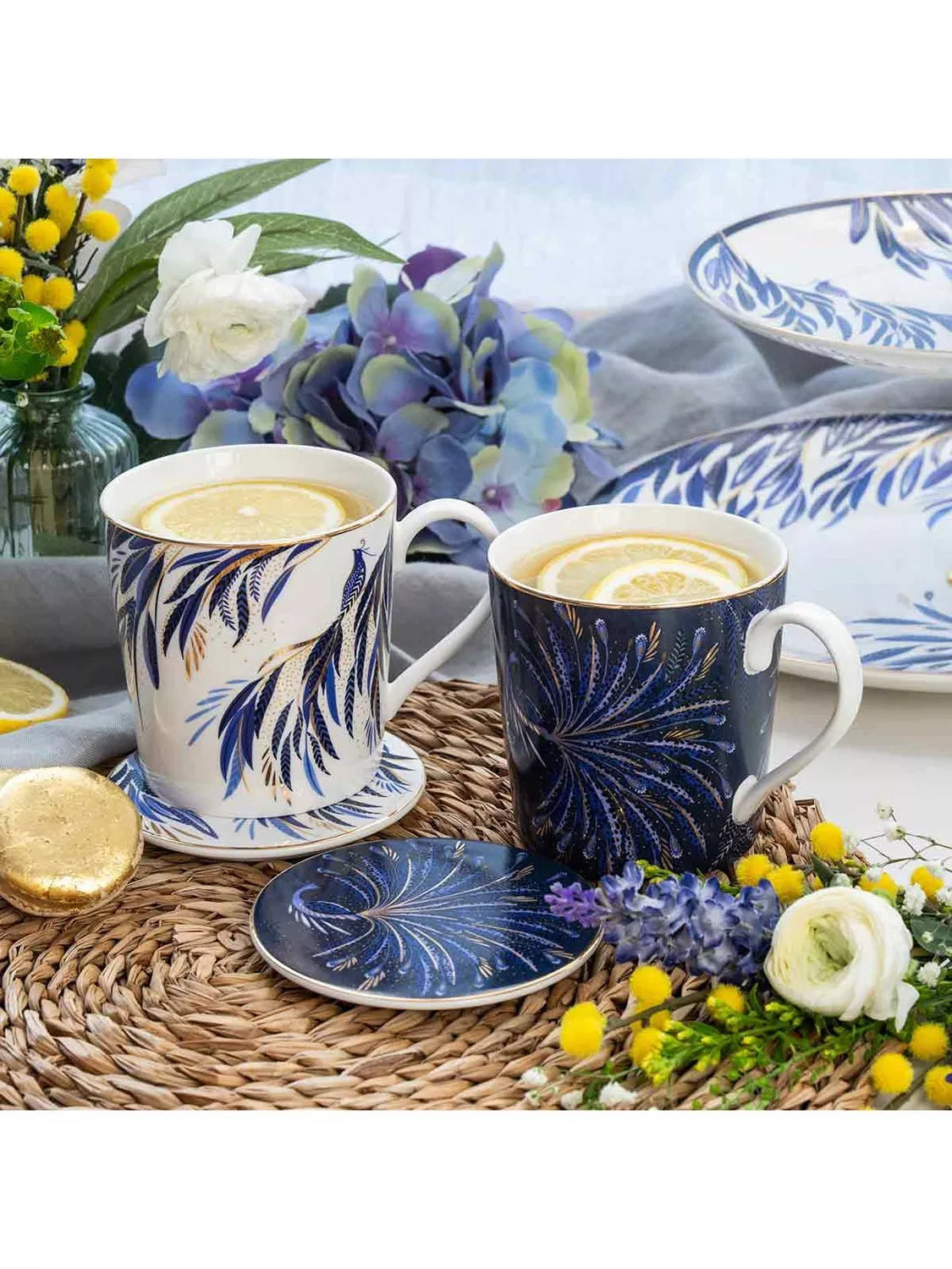 Sara Miller fine china mug and coaster set indigo white 344ml, imported from the UK