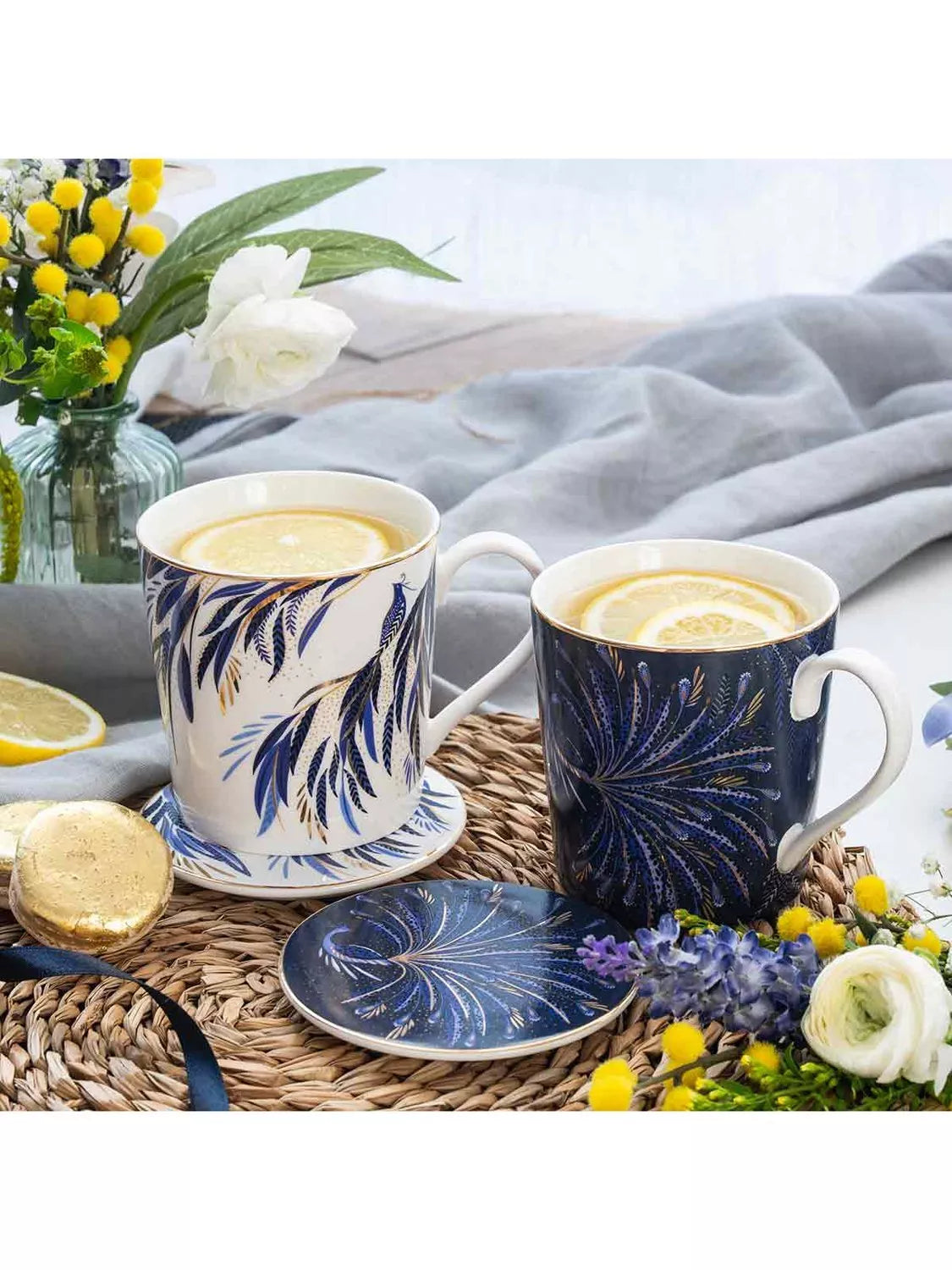 Sara Miller fine china mug and coaster set indigo white 344ml, imported from the UK