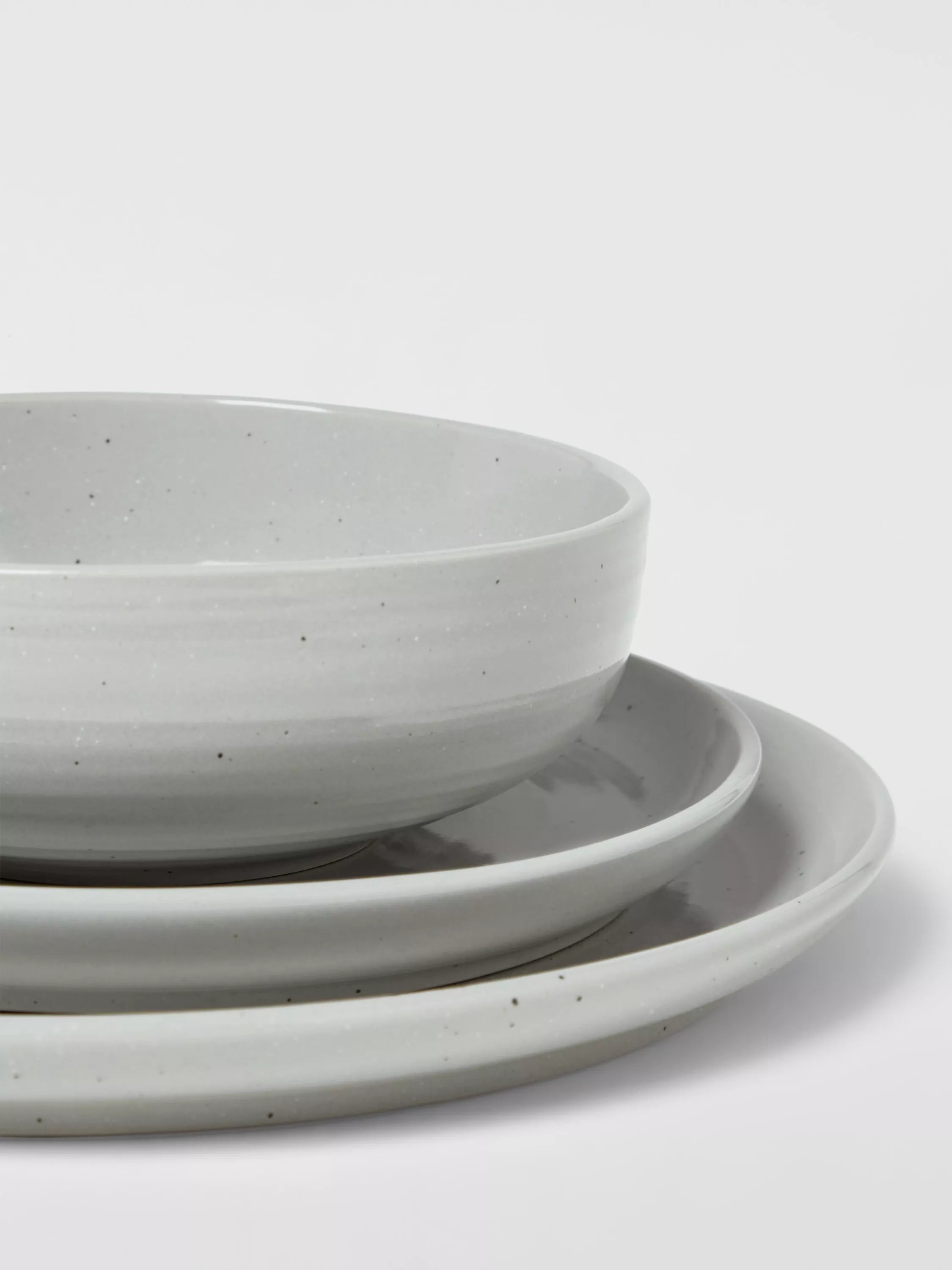 John Lewis dinnerware set speckle glaze grey 12 piece, imported from the UK