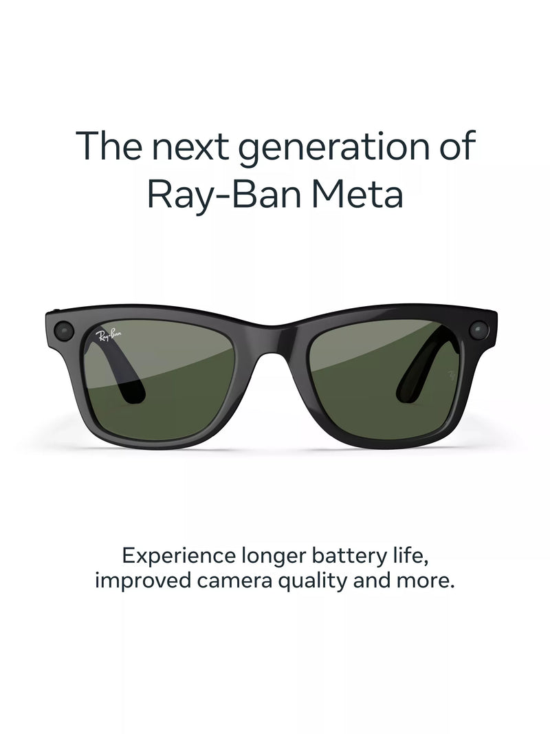 Meta Ray-Ban Wayfarer shiny black smart glasses with G15 green lens (British brand)