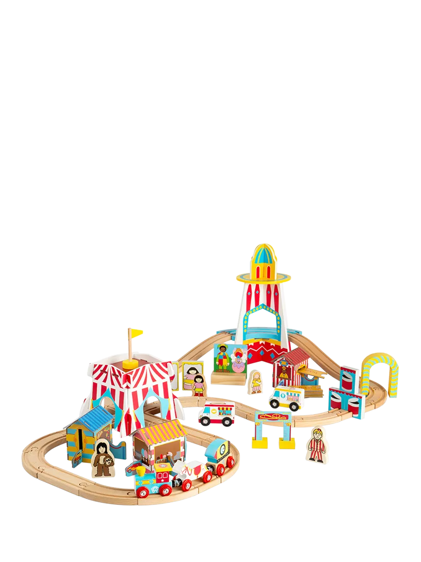 Bigjigs Toys wooden fun fair train set (British brand)