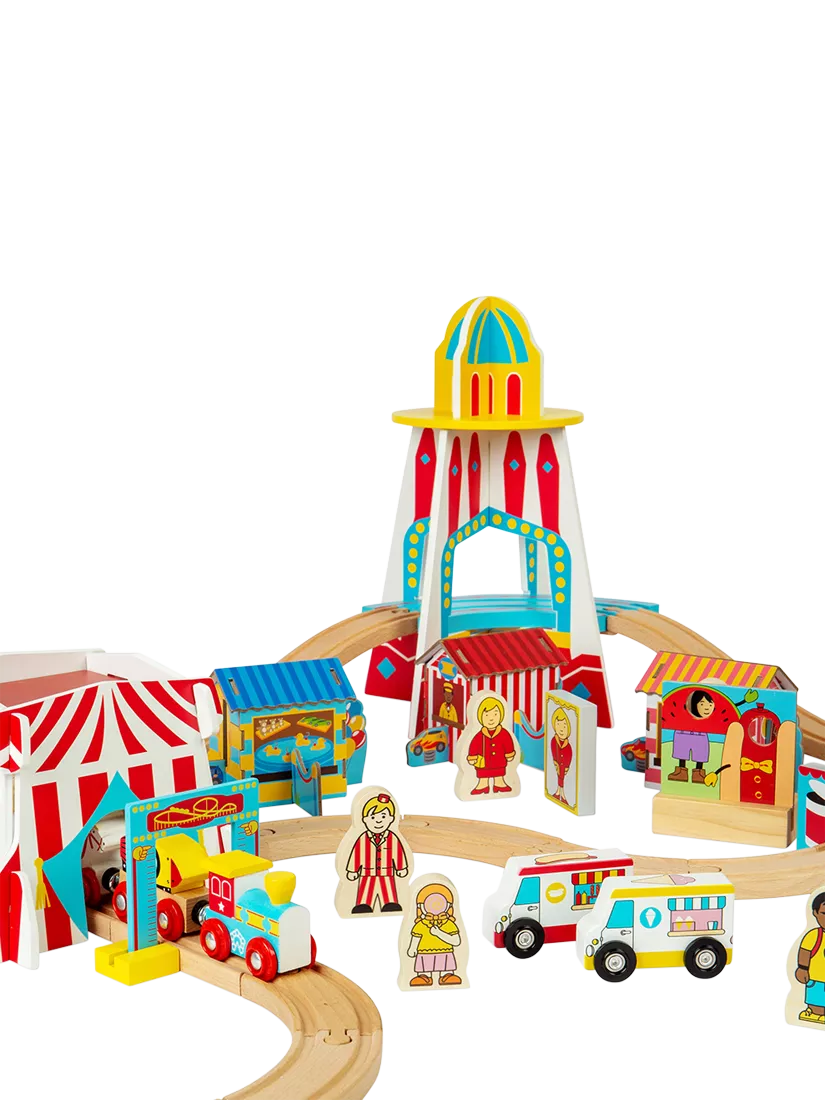 Bigjigs Toys wooden fun fair train set (British brand)