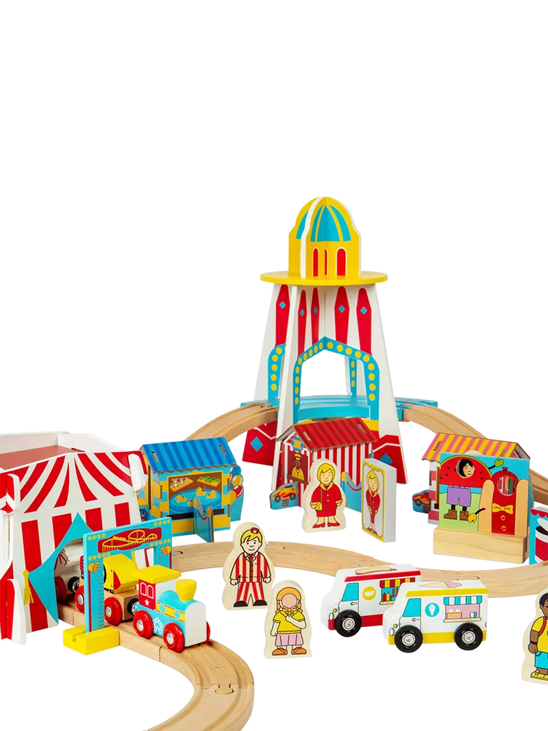 Bigjigs Toys wooden fun fair train set (British brand)