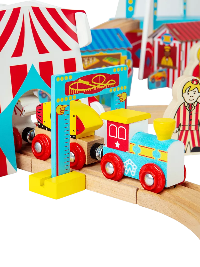 Bigjigs Toys wooden fun fair train set (British brand)