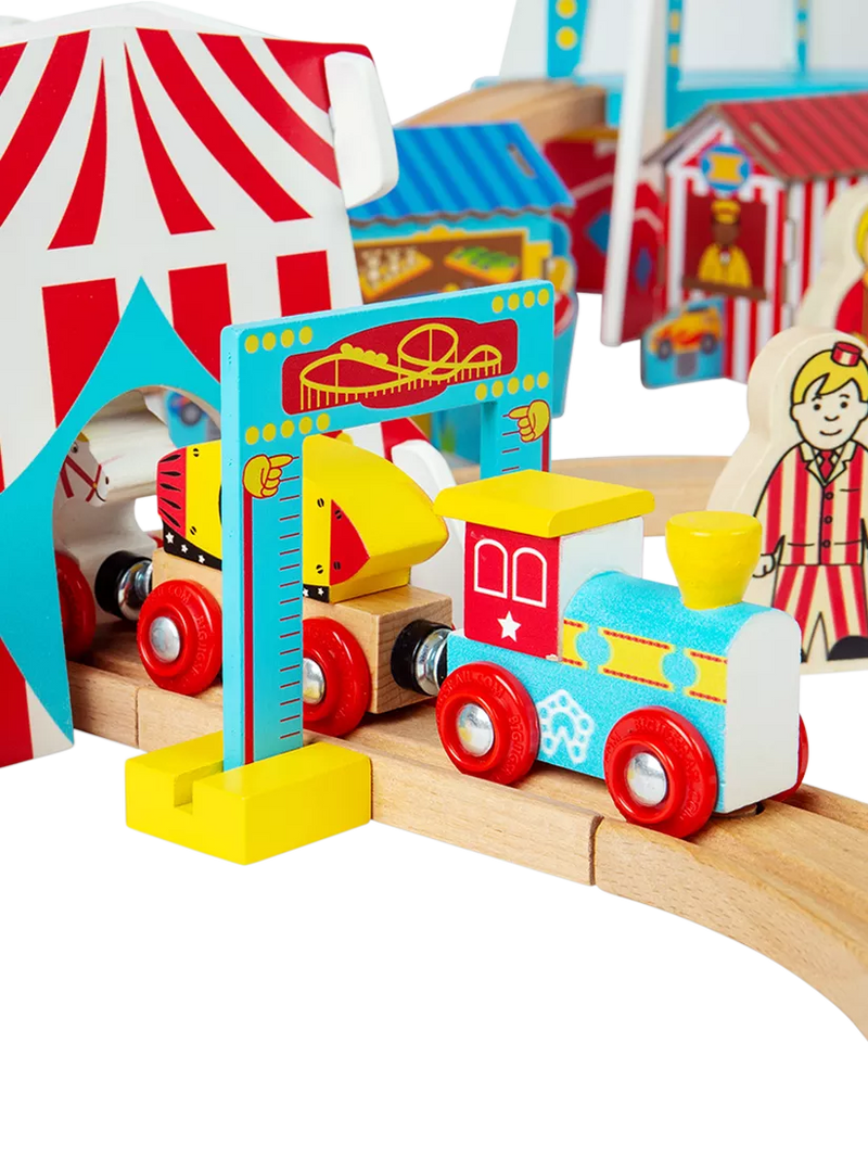 Bigjigs Toys wooden fun fair train set (British brand)
