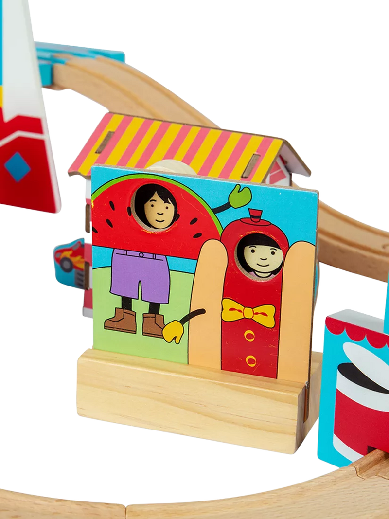 Bigjigs Toys wooden fun fair train set (British brand)