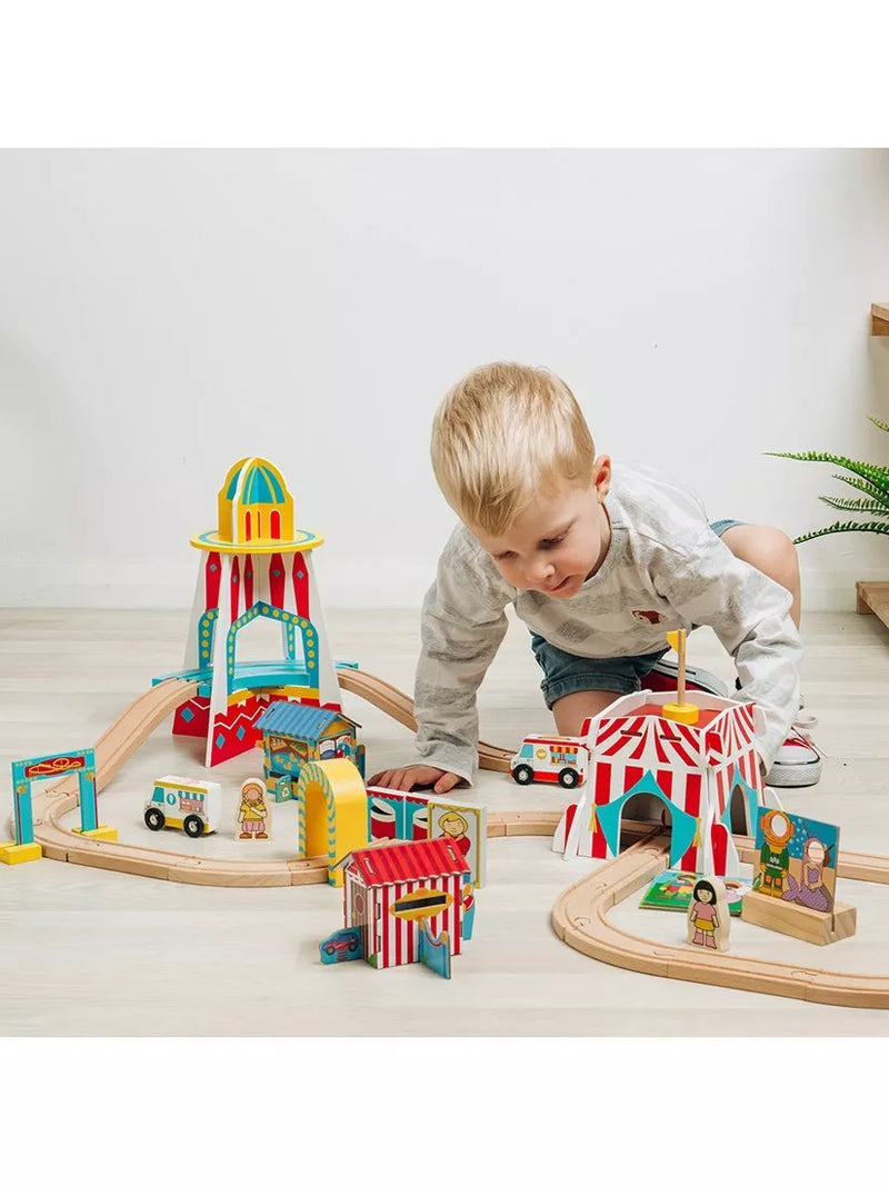 Bigjigs Toys wooden fun fair train set (British brand)