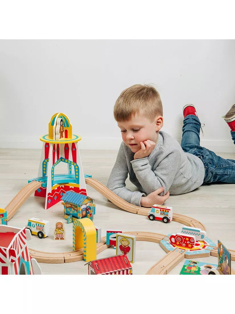 Bigjigs Toys wooden fun fair train set (British brand)