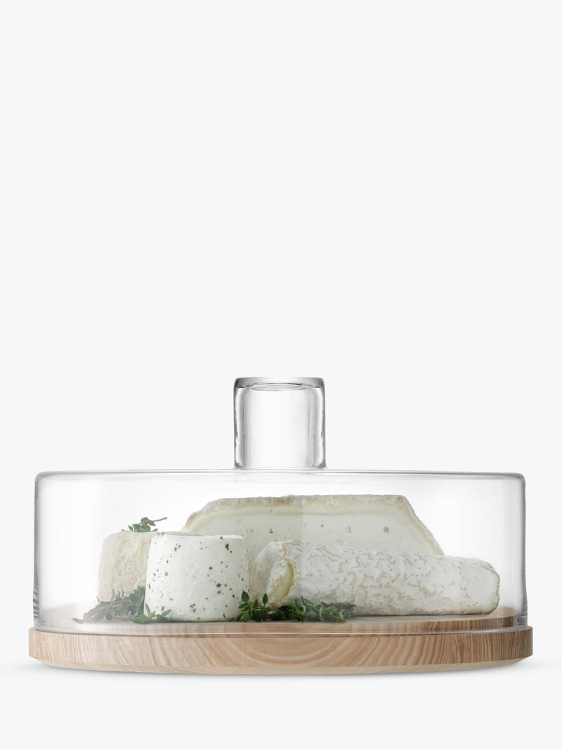 LSA International Lotta glass dome on ash wood board, British product
