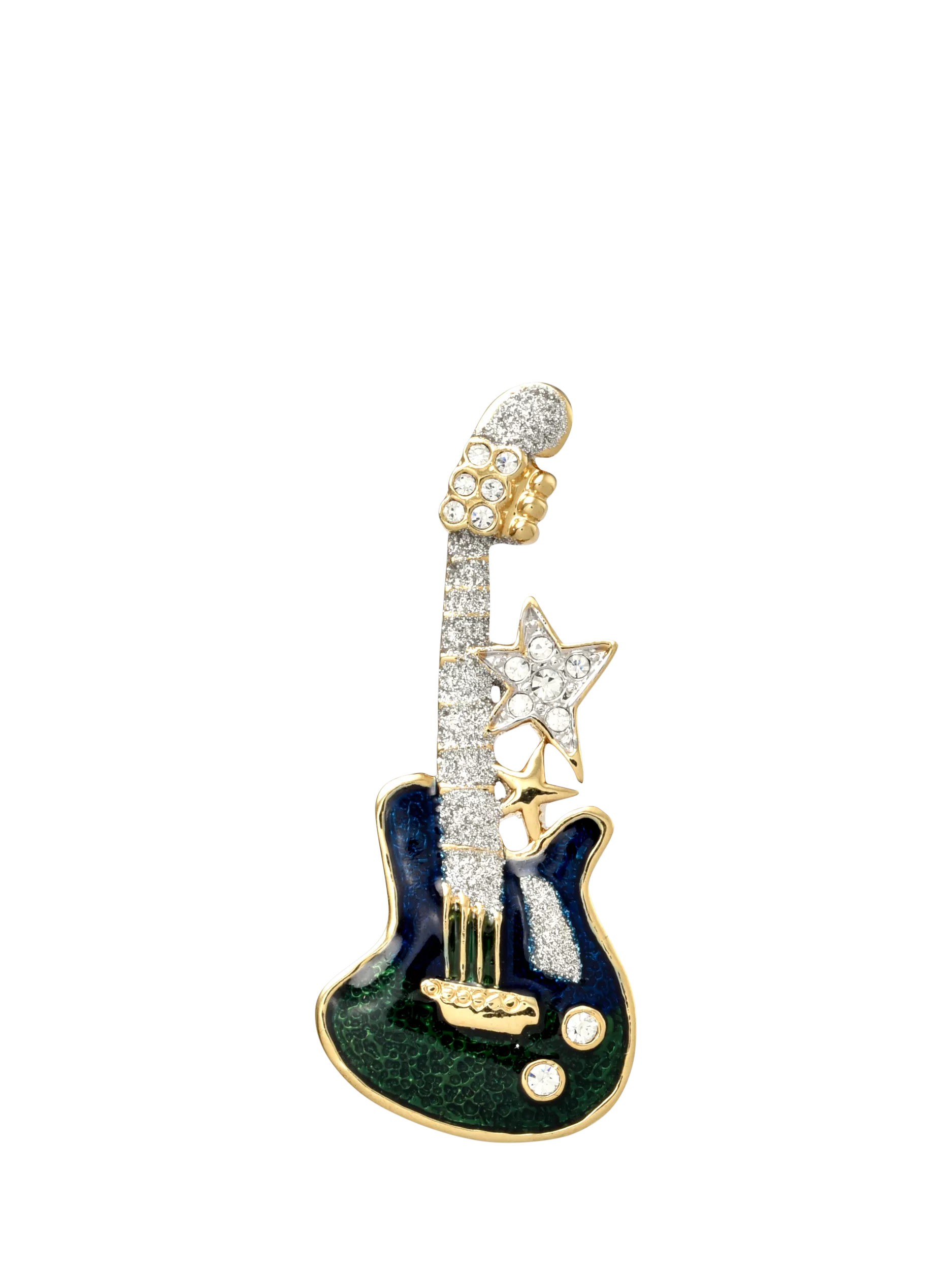 Eclectica pre-loved crystal guitar brooch green blue enamel 18ct gold plate (British brand)