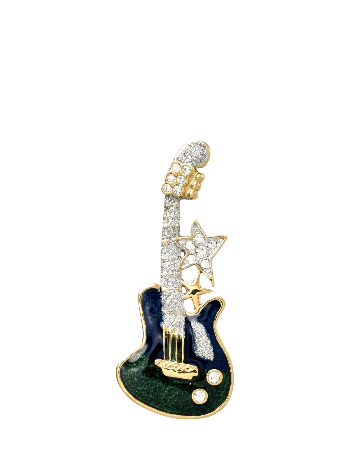 Eclectica pre-loved crystal guitar brooch green blue enamel 18ct gold plate (British brand)