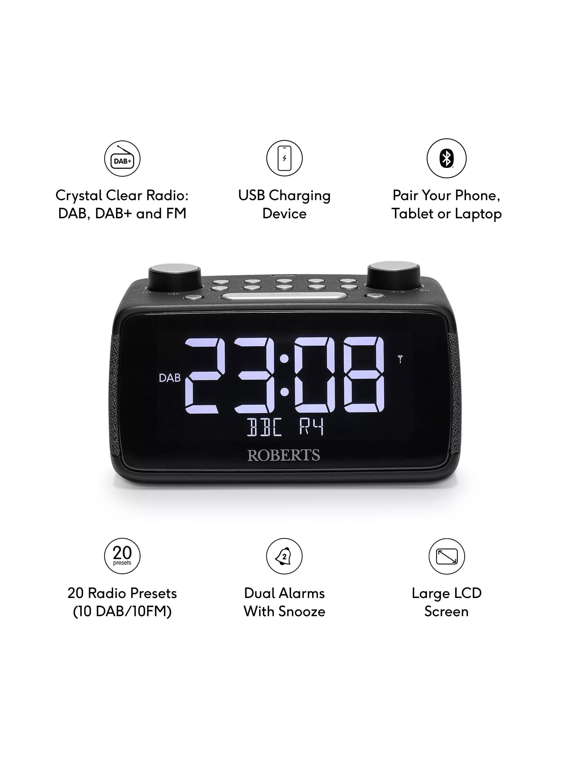 Roberts digital alarm clock radio black compact (British brand)