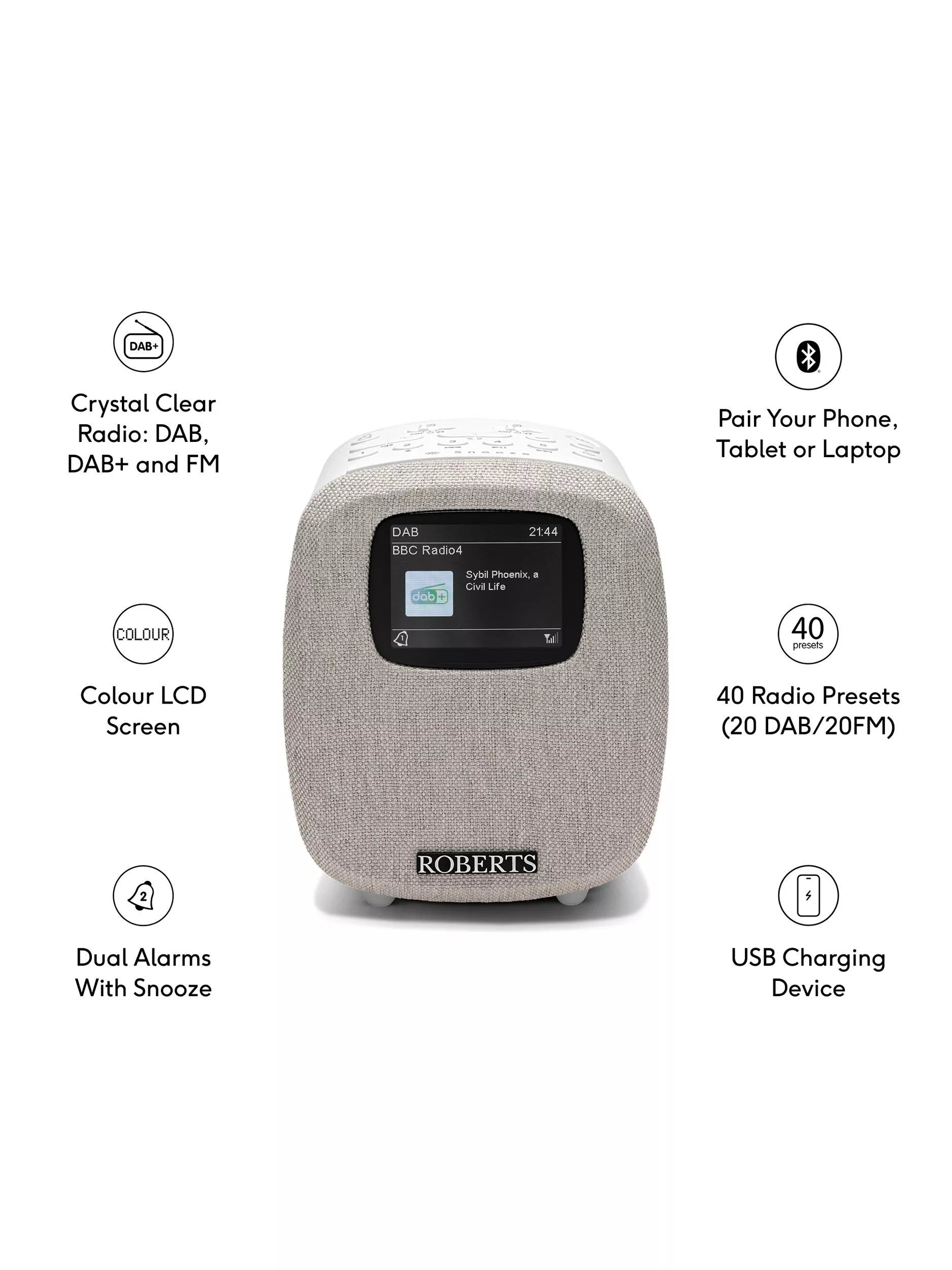 Roberts Ortus 5 digital alarm clock radio white (British brand)