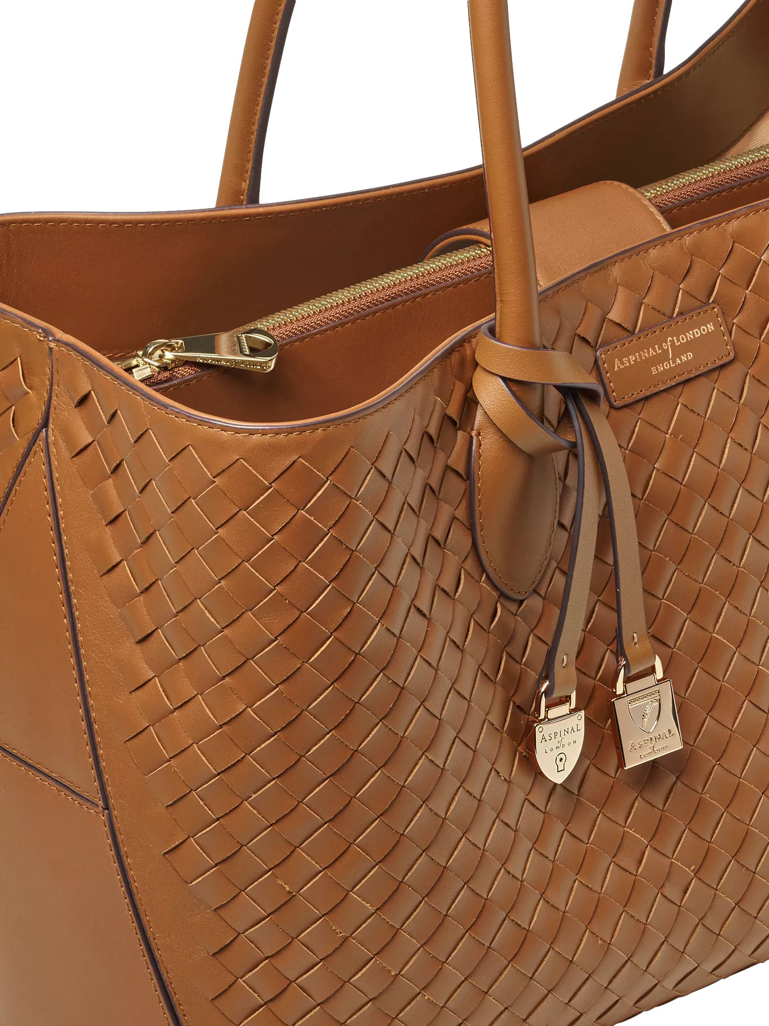 Aspinal of London tan woven leather tote bag, British brand
