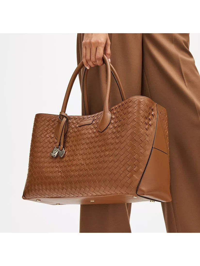Aspinal of London tan woven leather tote bag, British brand