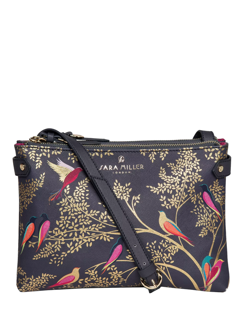 Sara Miller crossbody bag in smokey blue with bird print - British product