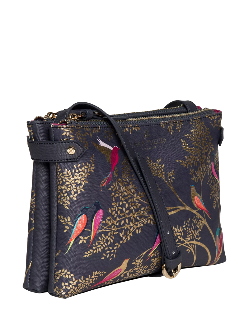 Sara Miller crossbody bag in smokey blue with bird print - British product