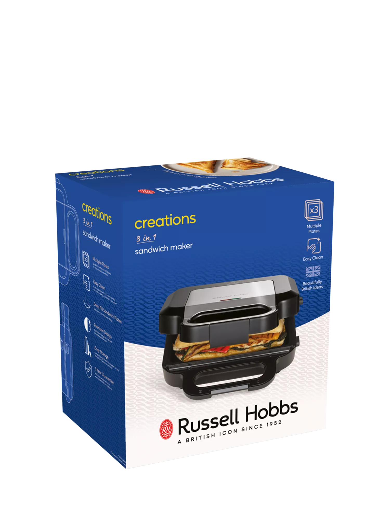 Russell Hobbs 3-in-1 sandwich panini waffle maker black silver - British product