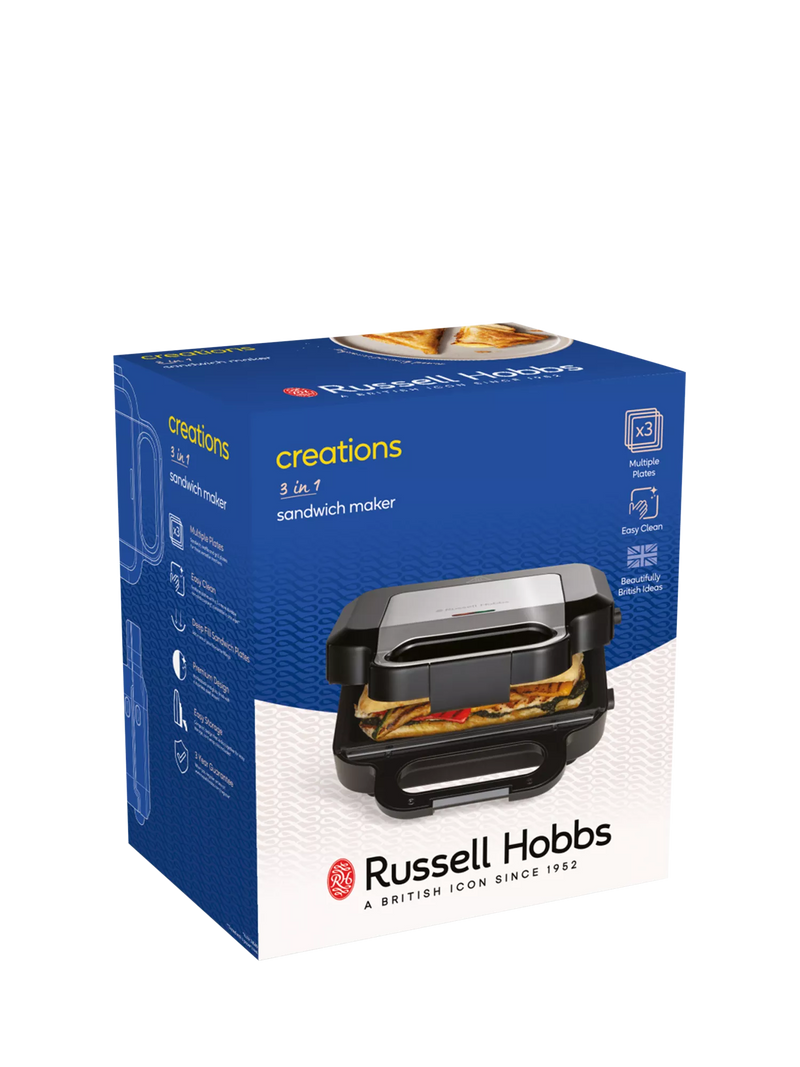 Russell Hobbs 3-in-1 sandwich panini waffle maker black silver - British product