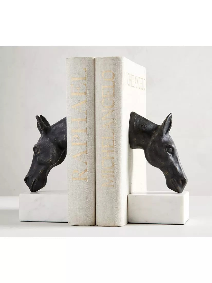 Pottery Barn horse head bookends bronze finish marble bases - British product