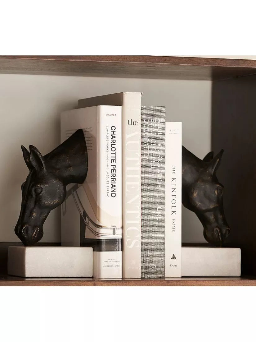 Pottery Barn horse head bookends bronze finish marble bases - British product