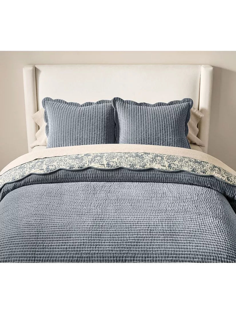 Pottery Barn Velvet Scallop Edge Reversible Kingsize Bedspread, Stormy Blue
