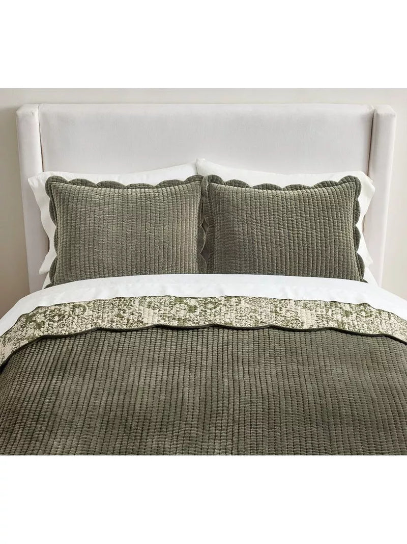 Pottery Barn Velvet Scallop Edge Reversible Quilted Standard Pillowsham, Loden